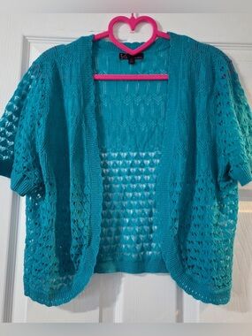t/o Open-Front Turquoise Crochet Knit shrug/cropped cardigan Size XL
